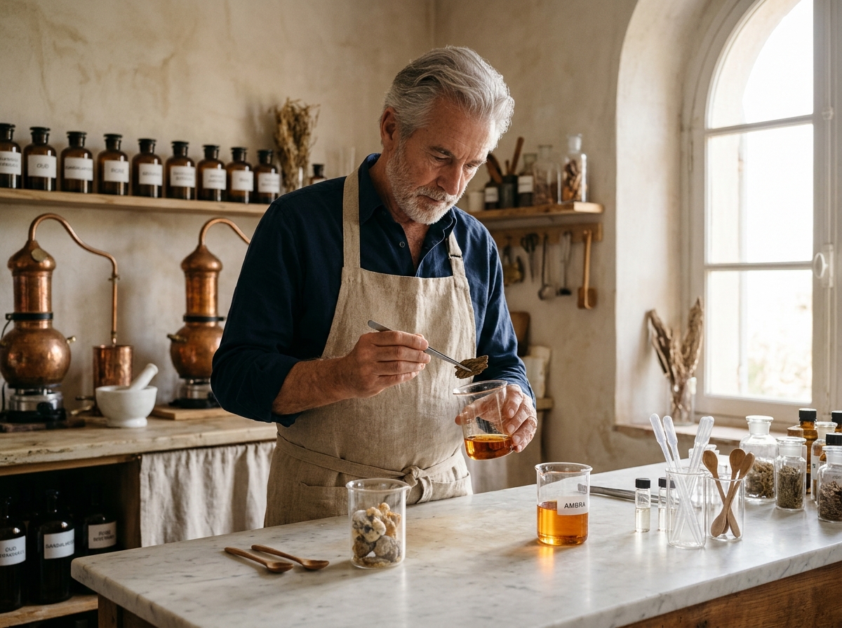 Master Perfumer crafting aged Arabian agarwood resins in atelier